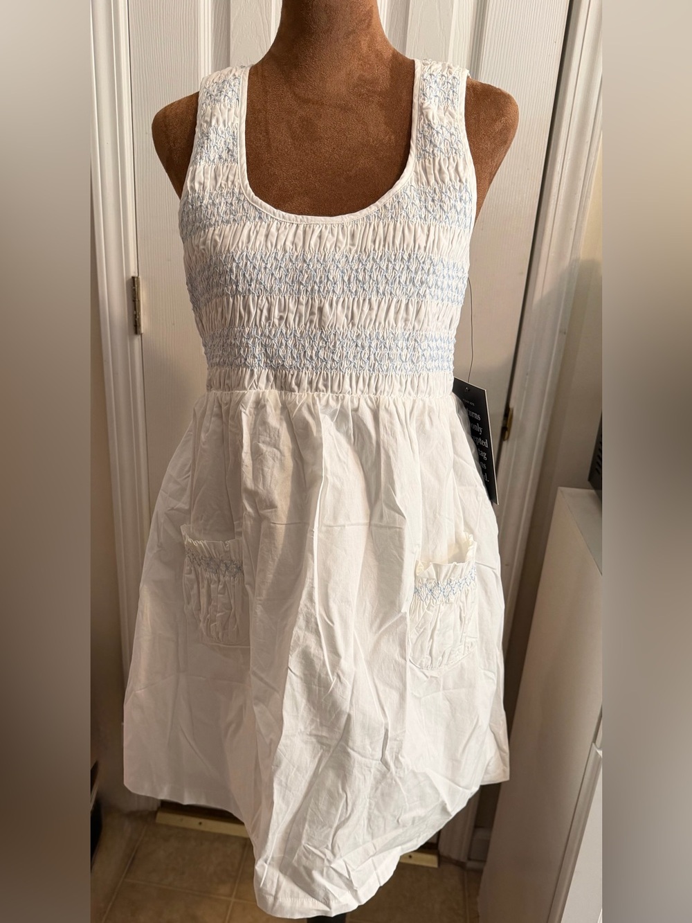 Tuckernuck/Pomander Place White Cotton Sundress w/ Blue Pintucked Details
